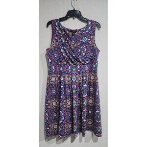LANDS END Faux Wrap Dress Size L/P 14-16 Blue Multi Soft Knit Sleeveless Cruise